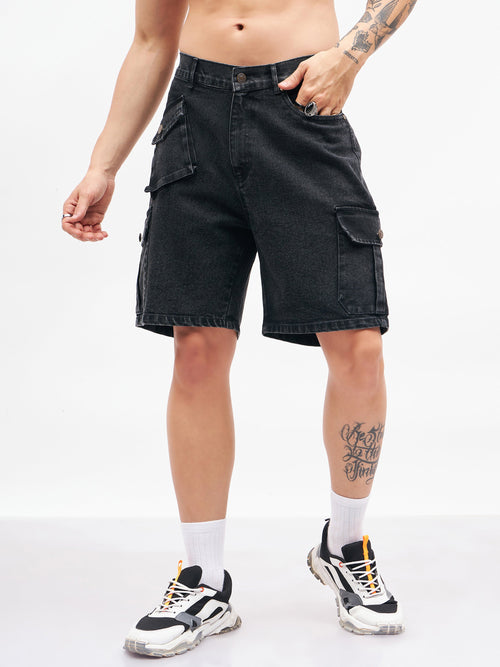 Men Black Utility Pocket Denim Shorts