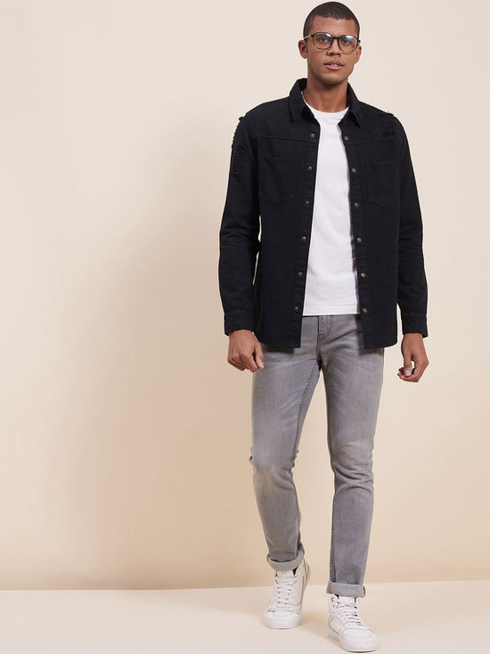 Men's Black Distressed Denim Jacket Shirt