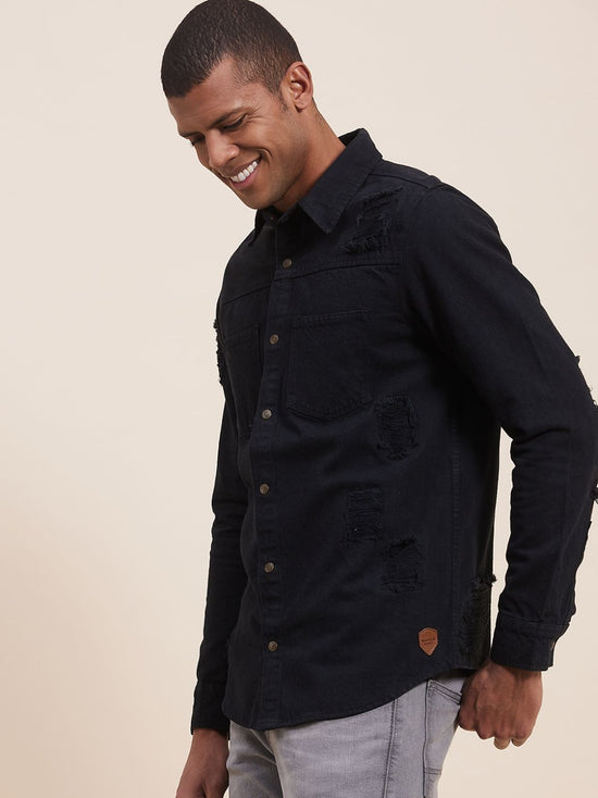 Men's Black Distressed Denim Jacket Shirt