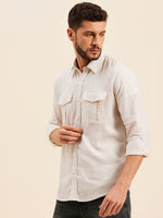 Men Beige Pin Stripes Collar Shirt