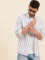 Men White & Grey Breton Stripes Flap Pocket Shirt