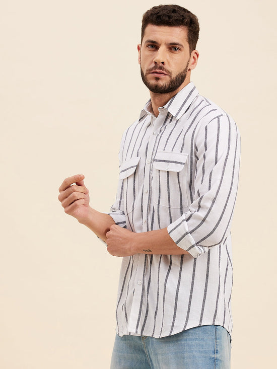 Men White & Grey Breton Stripes Flap Pocket Shirt