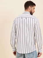 Men White & Grey Breton Stripes Flap Pocket Shirt