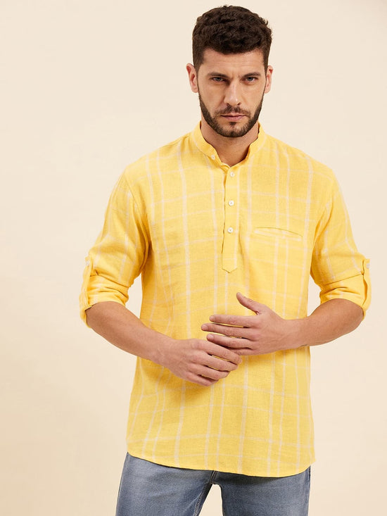 Men Yellow & White Check Roll-Up Sleeves Kurta Shirt