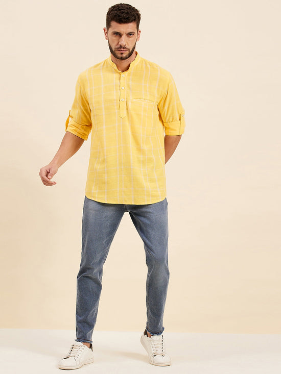 Men Yellow & White Check Roll-Up Sleeves Kurta Shirt