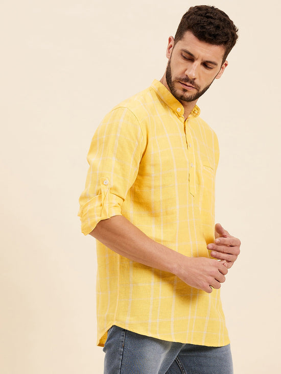 Men Yellow & White Check Roll-Up Sleeves Kurta Shirt