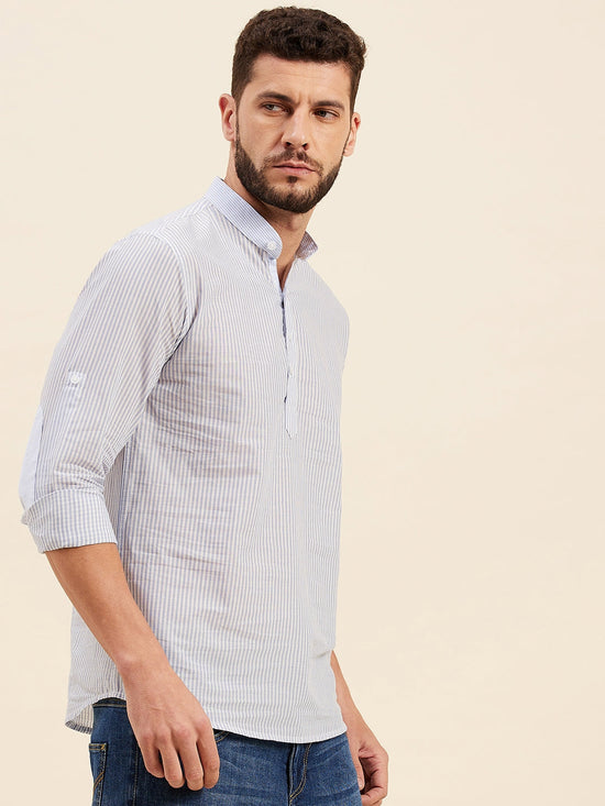 Men Blue Pin Stripes Roll-Up Sleeves Kurta Shirt