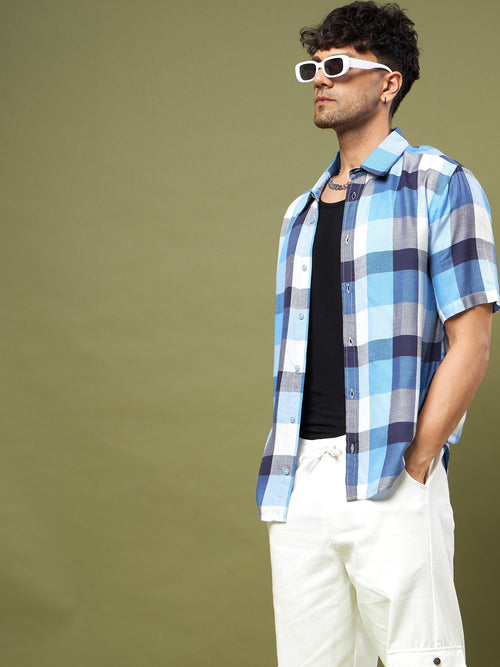 Men Blue & Navy Check Half Sleeve Relax Fit Shirt