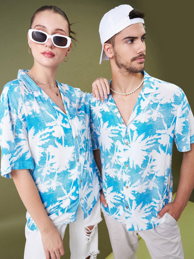 Unisex Blue & White Tropical Floral Relax Fit Shirt
