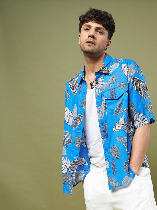 Men Blue & Black Tropical Print Oversized Shirt