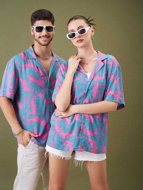 Unisex Fuchsia & Green Tropical Floral Relax Fit Shirt