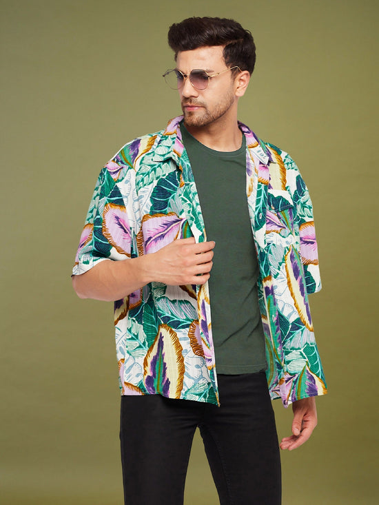 Men Green & Purple Tropical Print Oversized Shirt