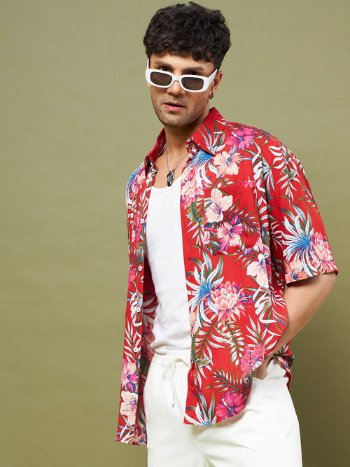 Men Red Tropical Floral Oversized Shirt