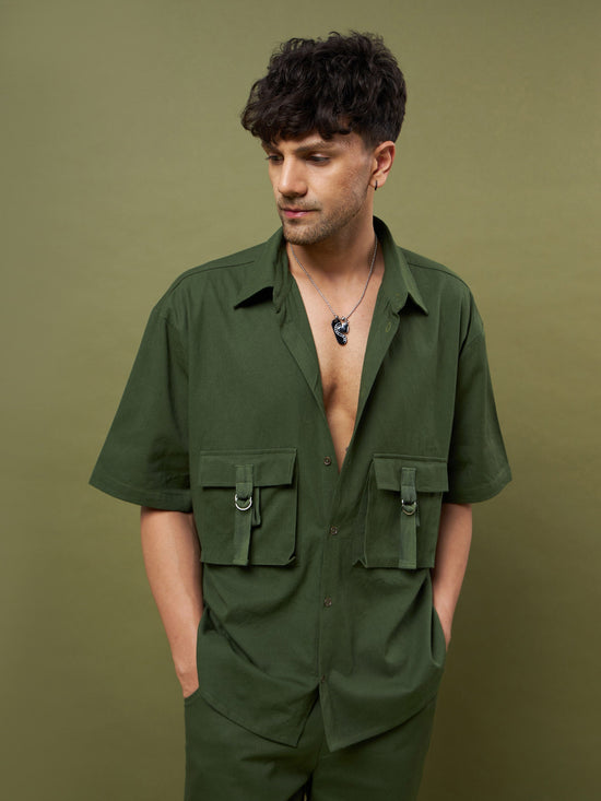 Men Olive Twill Box Pocket Oversized Shirt