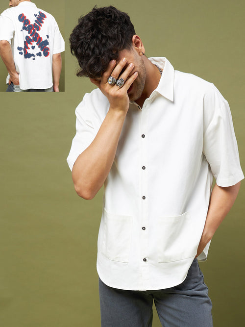 Men White Twill UPRISING Printed Oversized Shirt