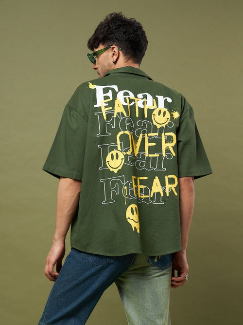 Men Olive Twill FEAR Printed Oversized Shirt