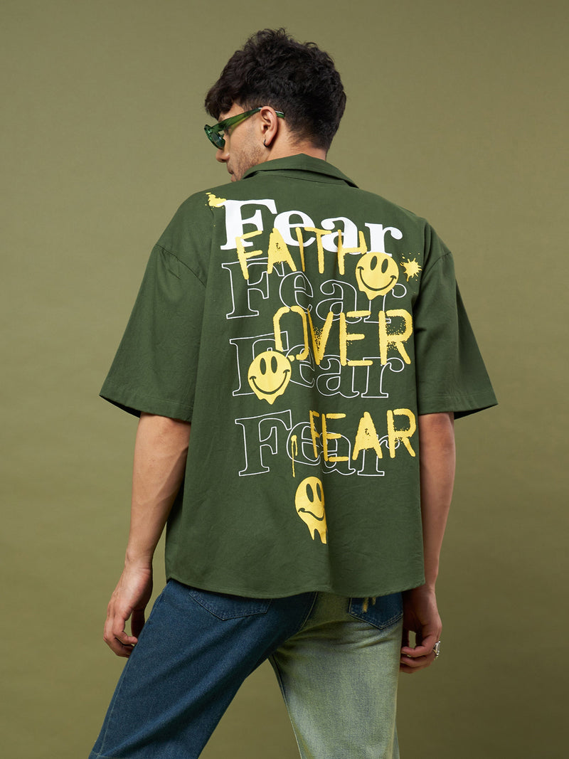 Men Olive Twill FEAR Printed Oversized Shirt