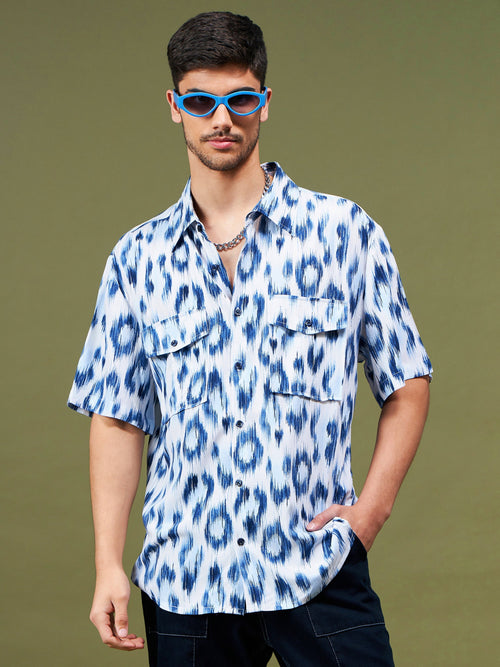 Unisex Navy & White Animal Print Relax Fit Shirt