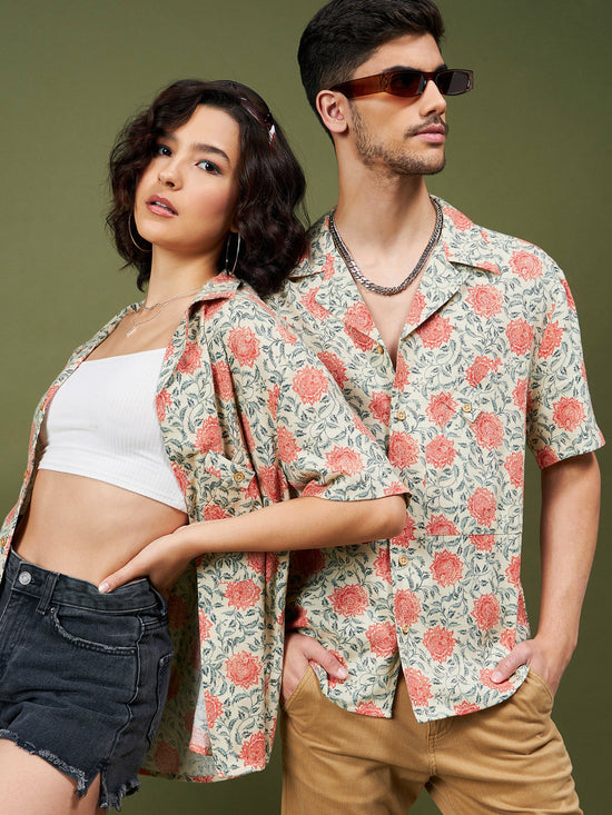 Unisex Beige & Orange Floral Relax Fit Shirt