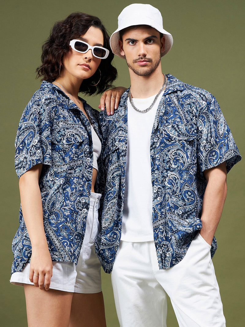 Unisex Navy Paisley Relax Fit Shirt
