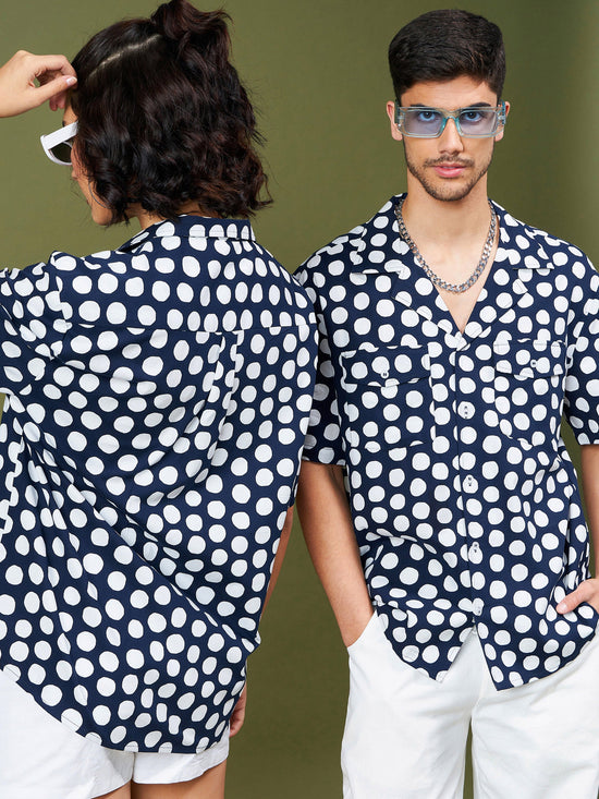 Unisex Navy & White Polka Dot Relax Fit Shirt