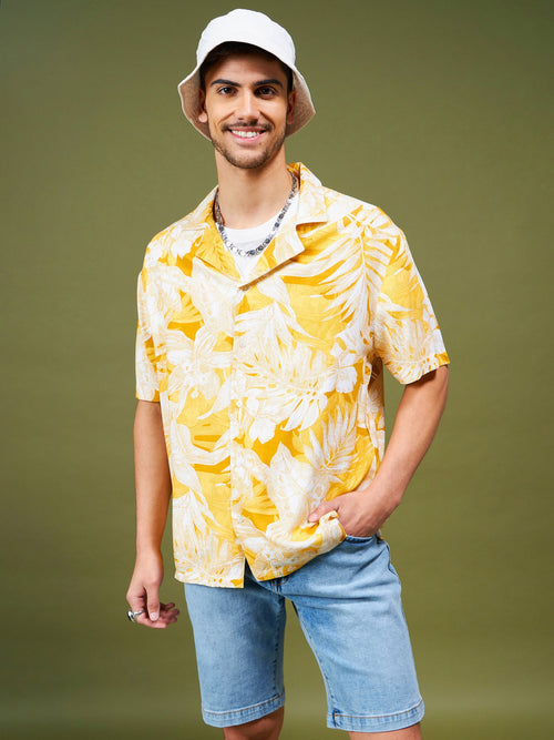 Unisex Yellow & White Tropical Relax Fit Shirt
