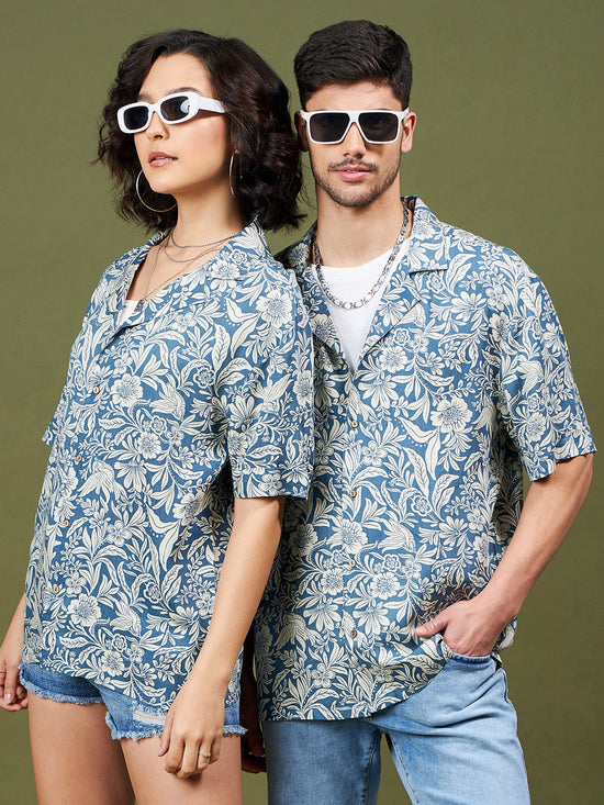 Unisex Blue & Beige Tropical Relax Fit Shirt