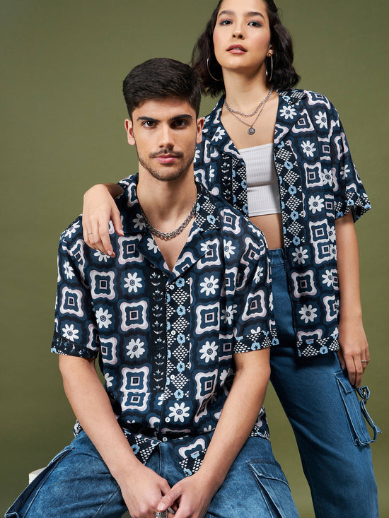 Unisex Navy Abstract Print Relax Fit Shirt