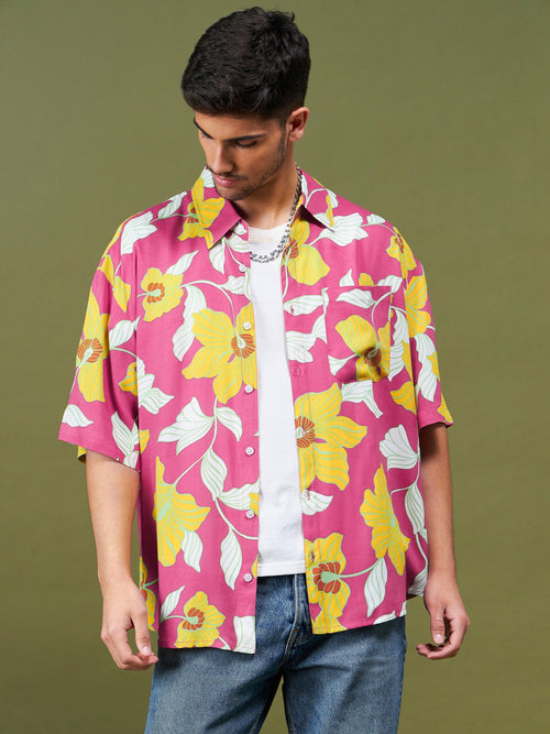 Men Fuchsia Tropical Oversized Shirt