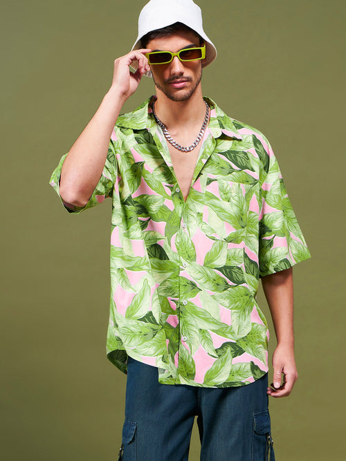 Men Green Tropical Oversized Shirt