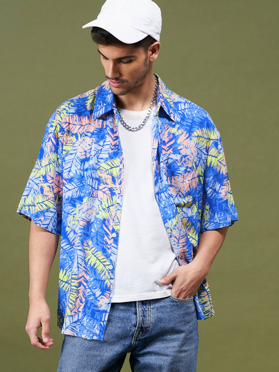 Men Blue Tropical Oversized Shirt