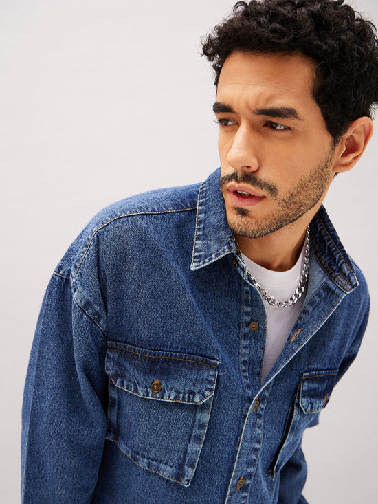 Men Blue Denim Oversized Shirt