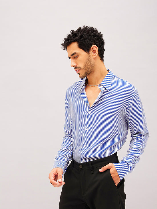 Men White & Blue Stripes Relax Fit Shirt