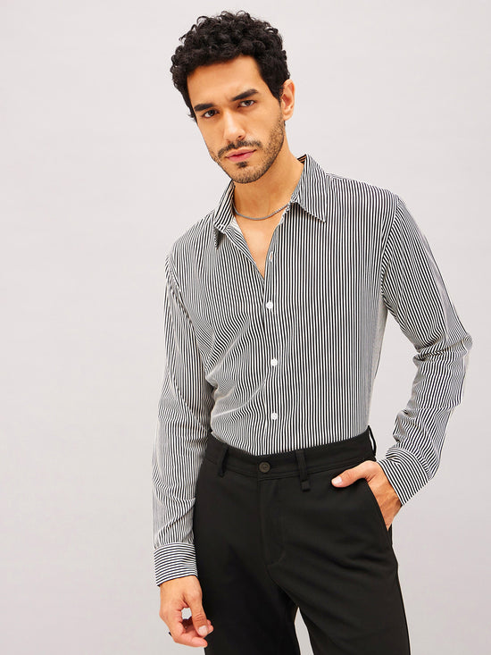 Men White & Black Stripes Relax Fit Shirt