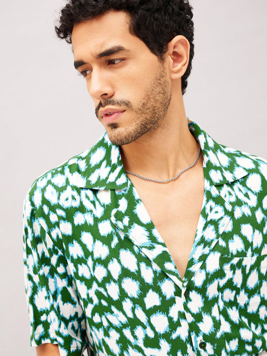 Men Green & White Abstract Short Sleeve Relax Shirt