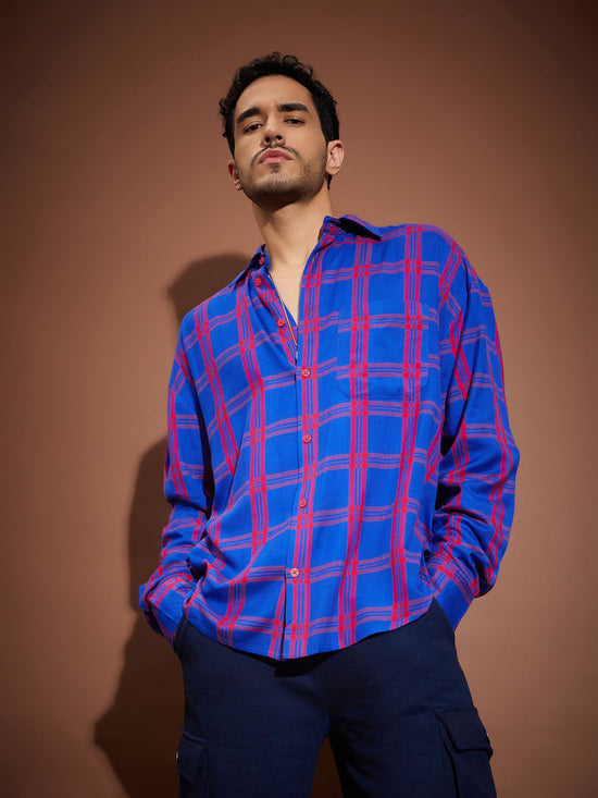 Men Blue & Red Check Oversized Shirt