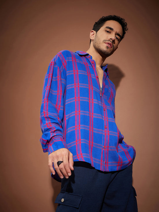 Men Blue & Red Check Oversized Shirt