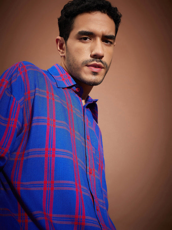 Men Blue & Red Check Oversized Shirt