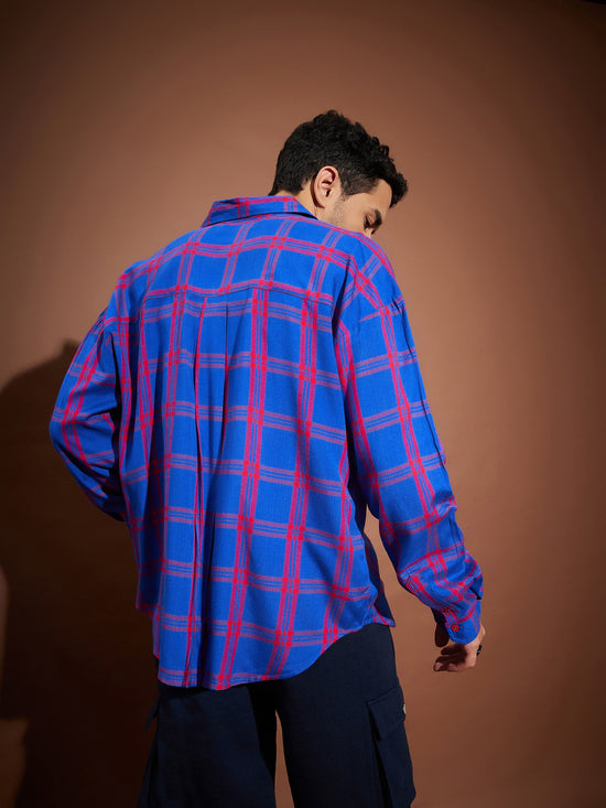 Men Blue & Red Check Oversized Shirt