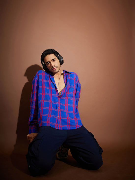 Men Blue & Red Check Oversized Shirt