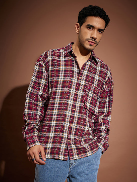 Men Maroon & White Check Oversized Shirt