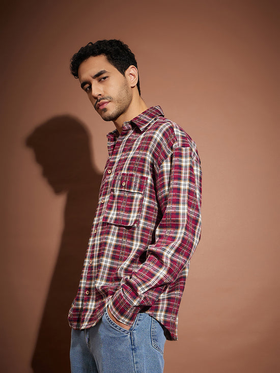 Men Maroon & White Check Oversized Shirt