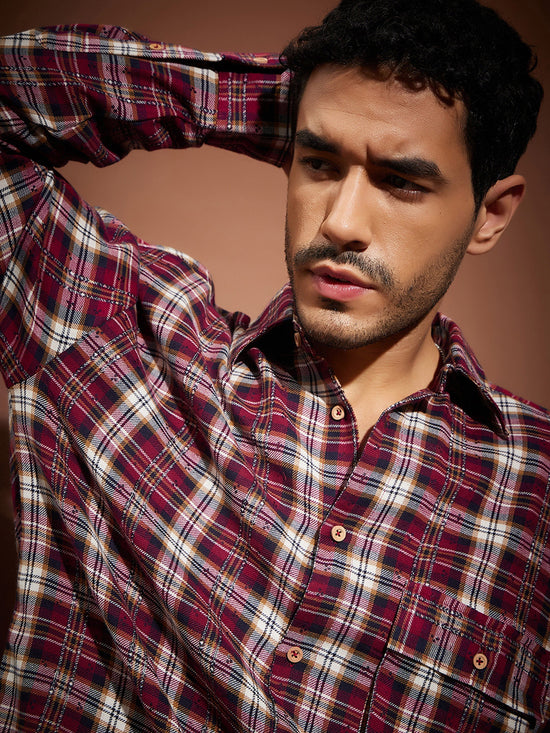 Men Maroon & White Check Oversized Shirt