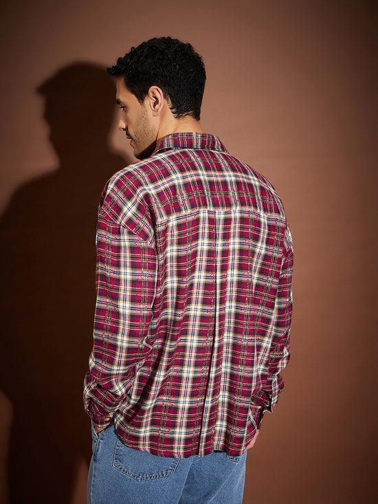 Men Maroon & White Check Oversized Shirt