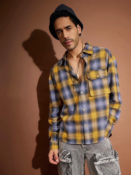 Men Yellow & Blue Check Oversized Shirt