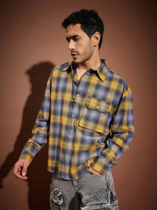 Men Yellow & Blue Check Oversized Shirt