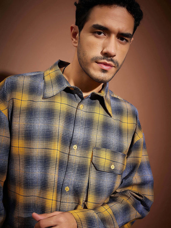 Men Yellow & Blue Check Oversized Shirt