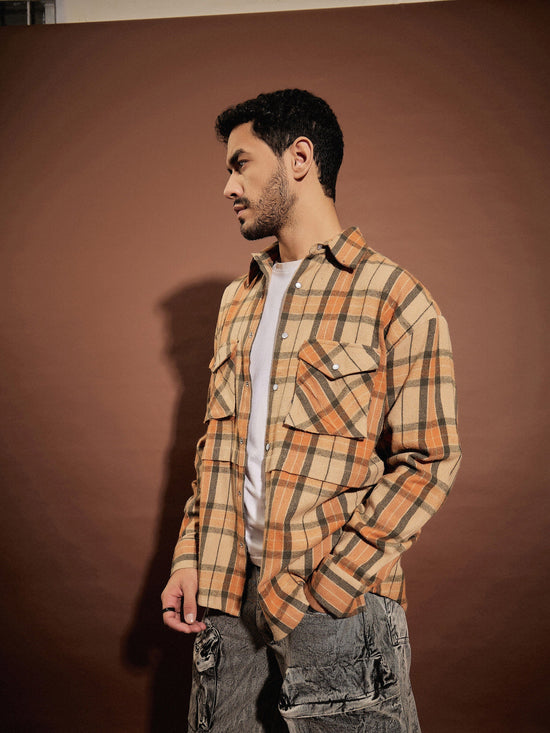 Men Beige & Orange Check Facing Detail Oversized Shirt