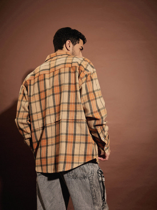 Men Beige & Orange Check Facing Detail Oversized Shirt