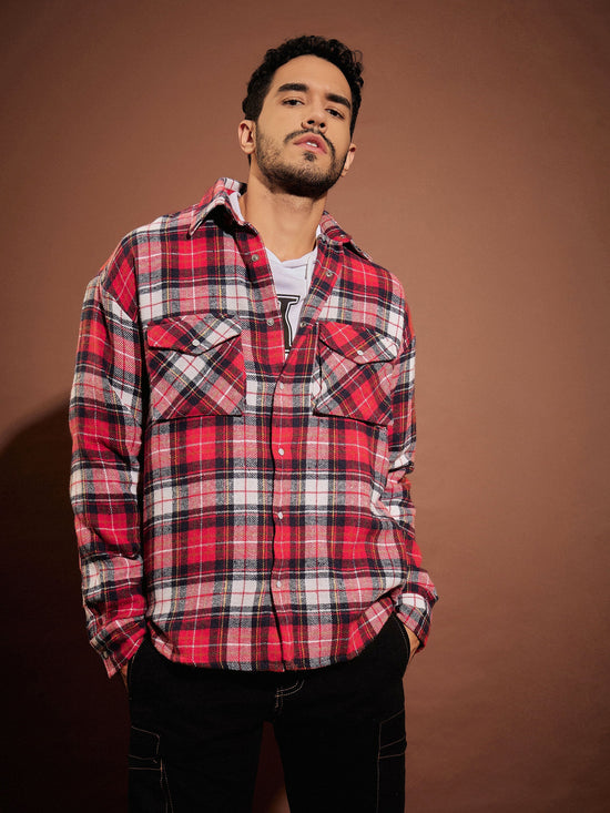 Men Red & Navy Check Box Pocket Oversized Shirt